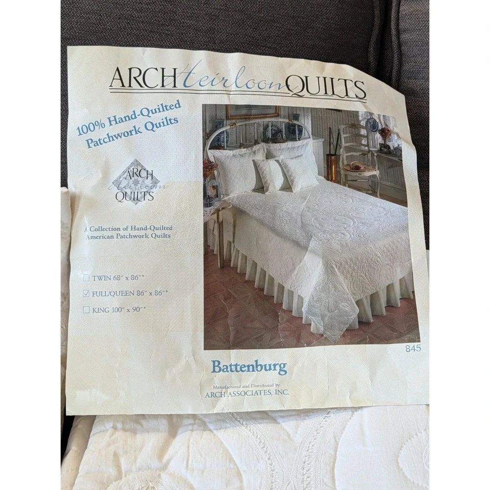 Vtg ARCH Heirloom Patchwork Hand Quilted White Battenberg Sham Lace Full Queen